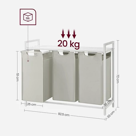 Szennyestartó, 3 rekeszes szennyeskosár fém kerettel, fehér-outlet