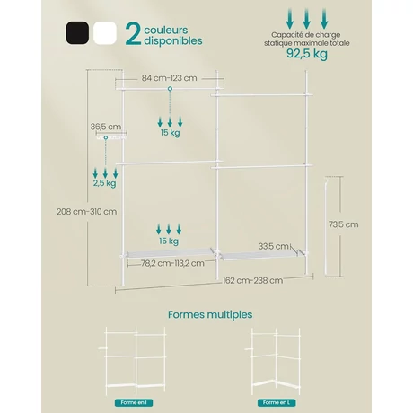 Teleszkópos ruhatartó, 3 szintes ruhafogas, állítható magasságú és szélességű, fehér Outlet