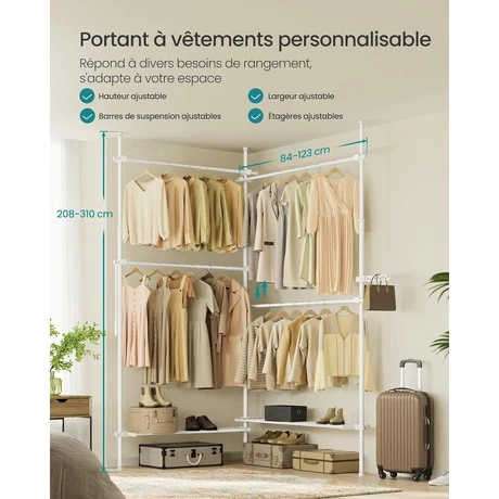 Teleszkópos ruhatartó, 3 szintes ruhafogas, állítható magasságú és szélességű, fehér Outlet