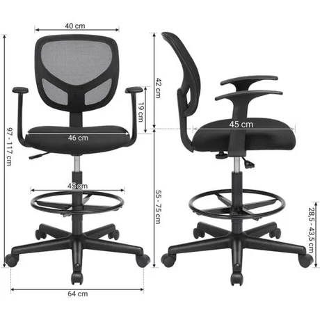 Ergonomikus irodai szék kartámaszokkal, magas forgó szék, Fekete Outlet