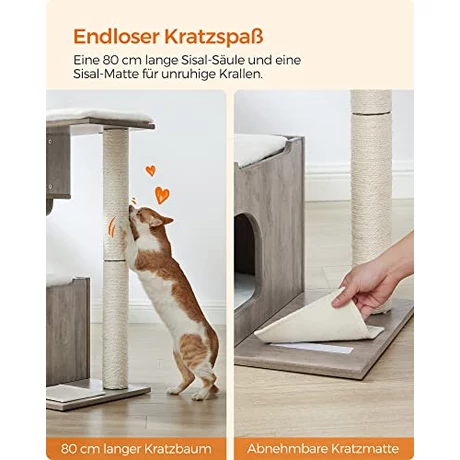 Modern 86 cm-es macskakaparó oszlop macskabarlanggal, szürke és fehér
