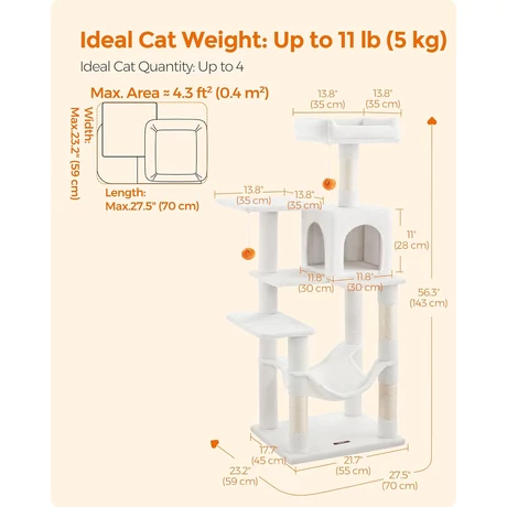 Macska kaparófa, 143 cm-es többszintes plüss macska torony, krémfehér