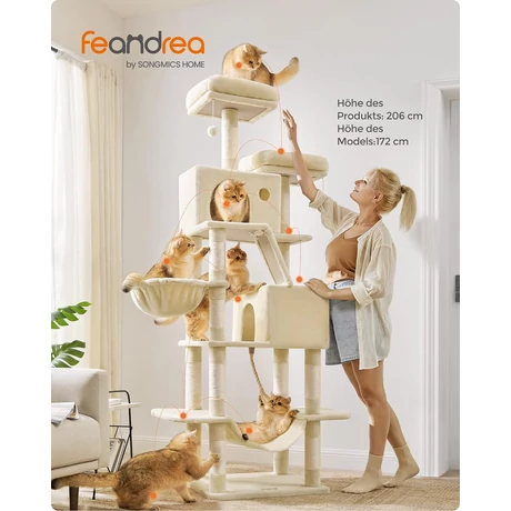 Feandrea nagyméretű kaparófa, 206 cm magas, XXL macskafa, bézs színben