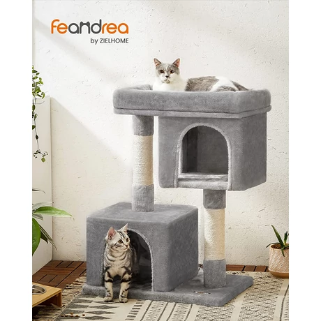 FEANDREA macskafa, macskalakás 2 barlanggal 84 cm magas, világosszürke