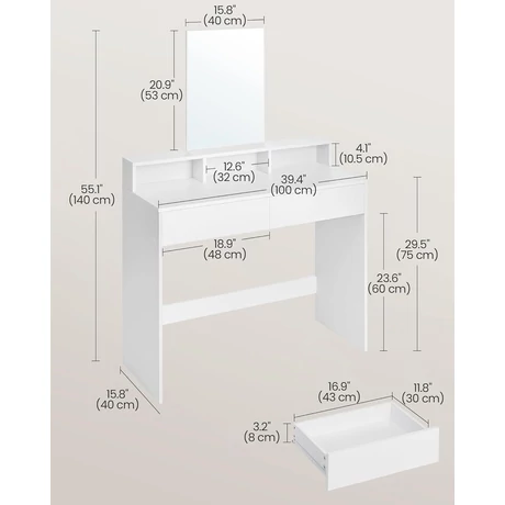 fésülködőasztal nagy tükörrel 40 x 100 x 140 cm, fehér