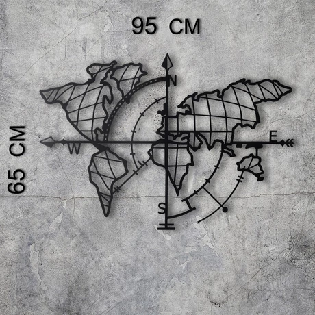 Fém fali dekoráció, World Map Compass Led - Fekete