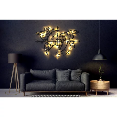 Fém fali dekoráció, World Map Compass Led - Fekete