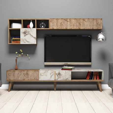 TV szekrény Milan - Walnut, White Marble