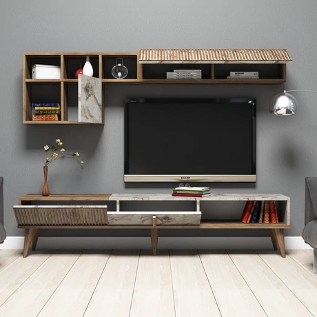 TV szekrény Milan - Walnut, White Marble