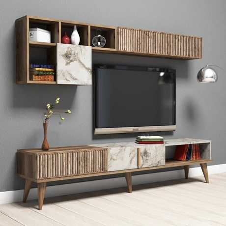 TV szekrény Milan - Walnut, White Marble