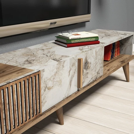 TV szekrény Milan - Walnut, White Marble