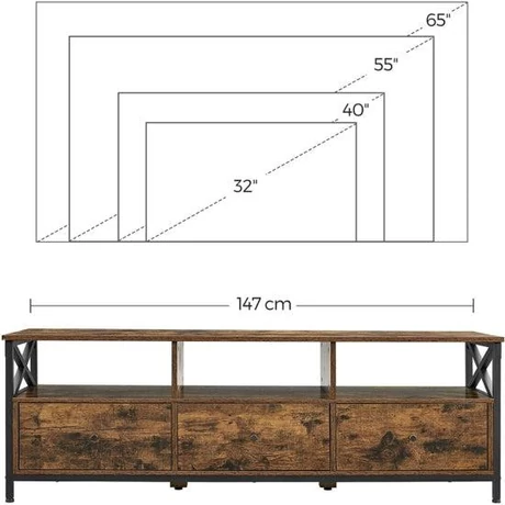 TV-állvány 3 fiókkal és tárolópolcokkal, 147 x 50 x 40 cm, rusztikus