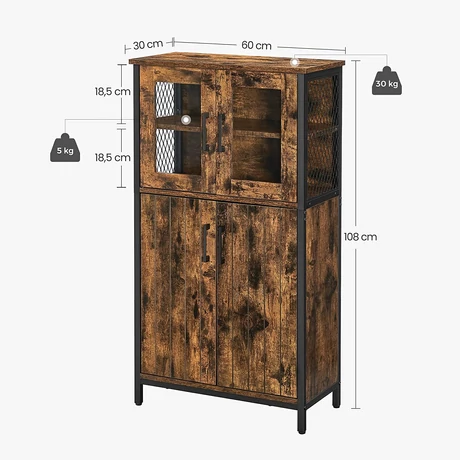tárolószekrény, többcélú szekrény 60 x 108 x 30 cm, rusztikus barna és fekete