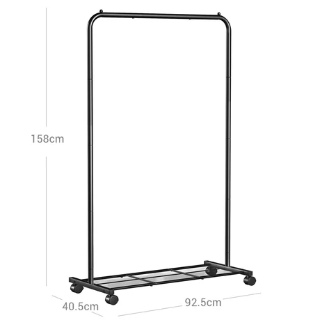 Fém ruhatartó kerekekkel, tárolópolccal, felső sín 40 kg-ig, fekete