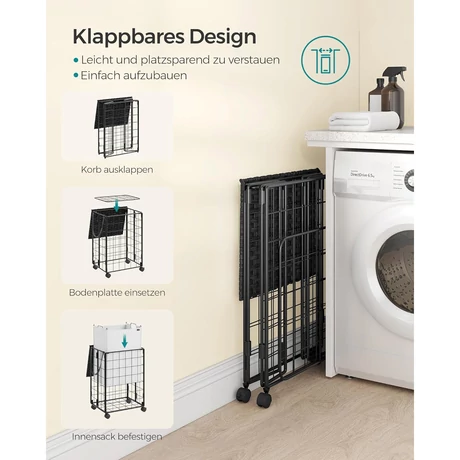 Szennyeskosár, 90 l, összecsukható szennyeskosár kerekekkel, fekete-fehér