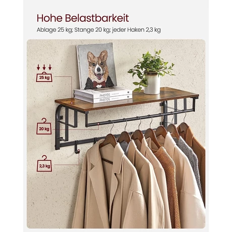 Falra szerelhető akasztós polc, kabáttartó rusztikus barna