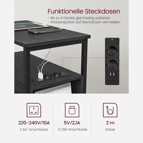 Éjjeliszekrény elosztóval és USB porttal, kis asztal 2 fiókkal, antracitszürke