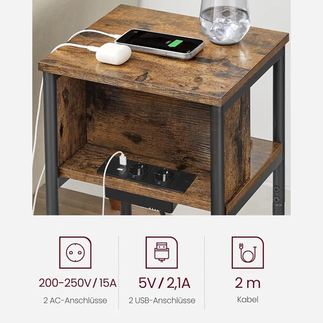 Oldalsó asztal, éjjeliszekrény, USB port bemenettel, barna/fekete