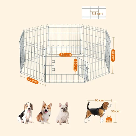Kutya kennel, kutyaketrec, 61 cm magas, összecsukható kifutó 8 paneles, ezüst | VASHOME