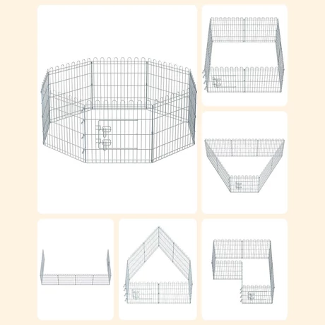 Kutya kennel, kutyaketrec, 61 cm magas, összecsukható kifutó 8 paneles, ezüst | VASHOME