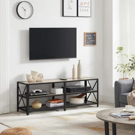 TV szekreny, TV-asztal polcokkal, acélkerettel, 140 x 52 x 39 cm, greige és fekete