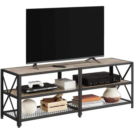 TV szekreny, TV-asztal polcokkal, acélkerettel, 140 x 52 x 39 cm, greige és fekete