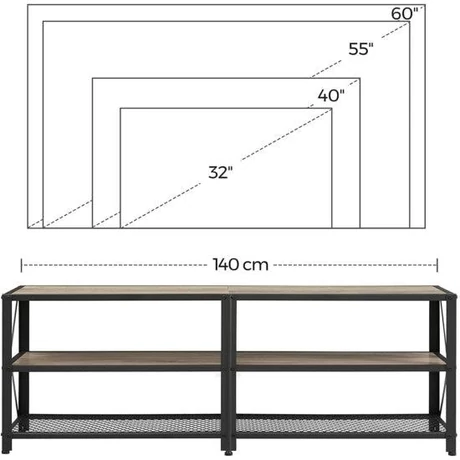TV szekreny, TV-asztal polcokkal, acélkerettel, 140 x 52 x 39 cm, greige és fekete