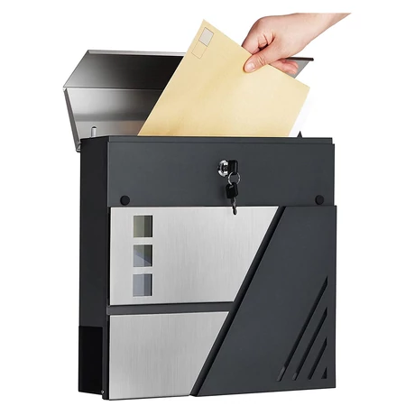 Rozsdamentes postaláda újságtartóval, 37x37x10,5 cm, antracitszürke