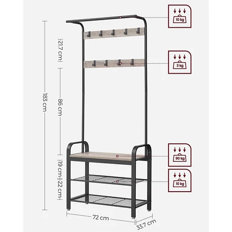 Kabáttartó állvány, kabátállvány cipőtárolóval, 183cm magas, szürke-fekete