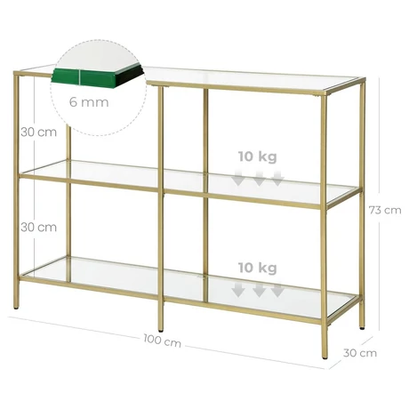 Edzett üveg konzolasztal 100 x 30 x 73 cm, lerakóasztal 3 polccal, arany