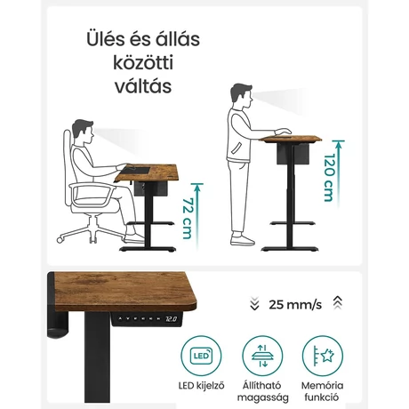 Állítható magasságú elektromos íróasztal 140 x 60 x (72-120) cm, vintage barna/fekete