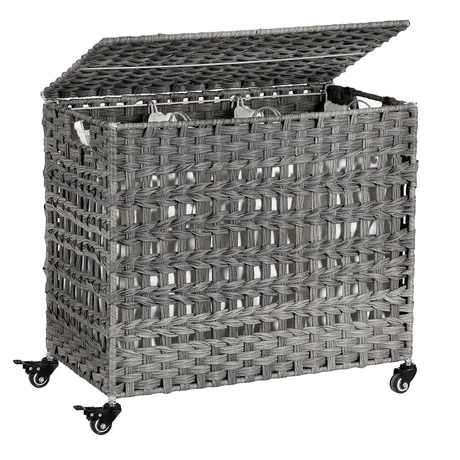 Szennyeskosár, rattan stílusú szennyestartó, 3 külön rekesszel, szürke