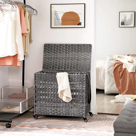Szennyeskosár, rattan stílusú szennyestartó, 3 külön rekesszel, szürke