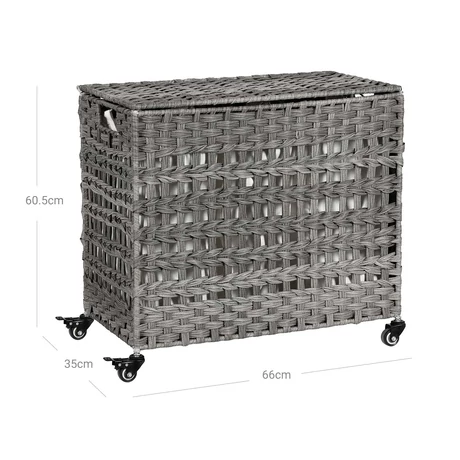 Szennyeskosár, rattan stílusú szennyestartó, 3 külön rekesszel, szürke