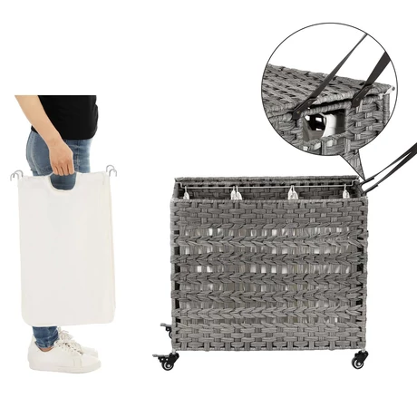 Szennyeskosár, rattan stílusú szennyestartó, 3 külön rekesszel, szürke