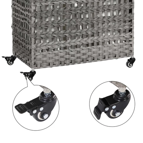 Szennyeskosár, rattan stílusú szennyestartó, 3 külön rekesszel, szürke