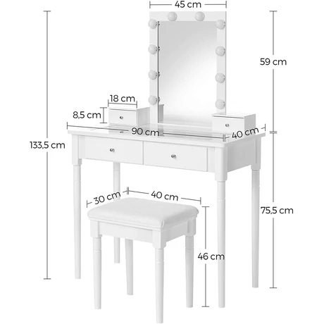 Fésülködőasztal szett, Öltözőasztal párnázott székkel és 10 állítható fényerősségű lámpával, 90 x 133,5 x 40 cm, fehér