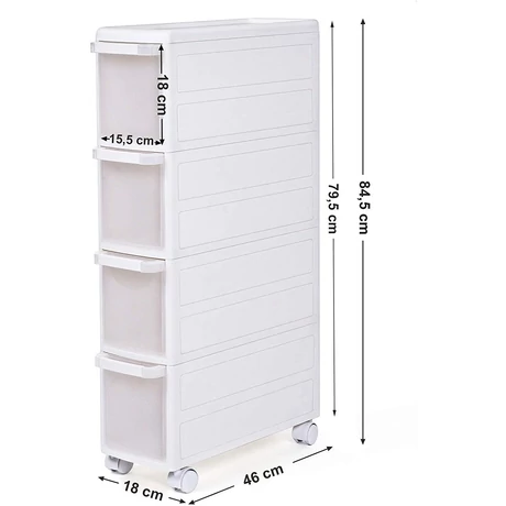 4 Mély fiókos polc kerekekkel, 84,5 cm magas, fehér
