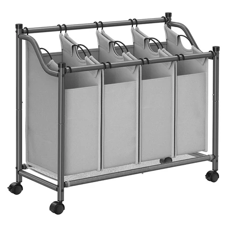 Szennyeskosár görgőkkel 4 x 35L, 4 kivehető táskával, szürke