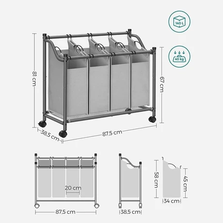 Szennyeskosár görgőkkel 4 x 35L, 4 kivehető táskával, szürke
