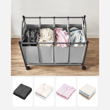 Szennyeskosár görgőkkel 4 x 35L, 4 kivehető táskával, szürke