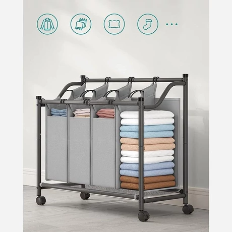 Szennyeskosár görgőkkel 4 x 35L, 4 kivehető táskával, szürke