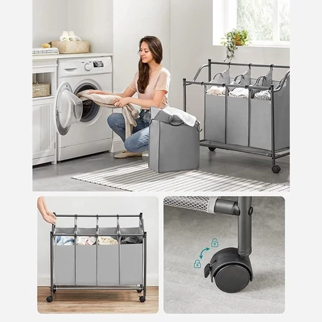 Szennyeskosár görgőkkel 4 x 35L, 4 kivehető táskával, szürke