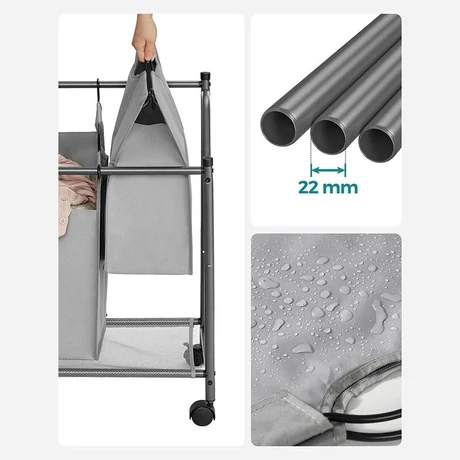 Szennyeskosár görgőkkel 4 x 35L, 4 kivehető táskával, szürke
