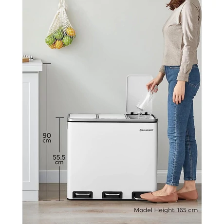 Konyhai pedálos szemetesdoboz, Szelektív hulladékgyűjtő, 3 x 18 L, fehér