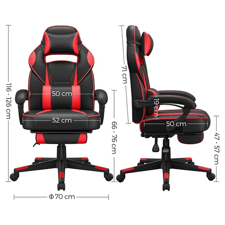 Ergonómikus szék, állítható irodai szék lábtartóval, fekete-piros