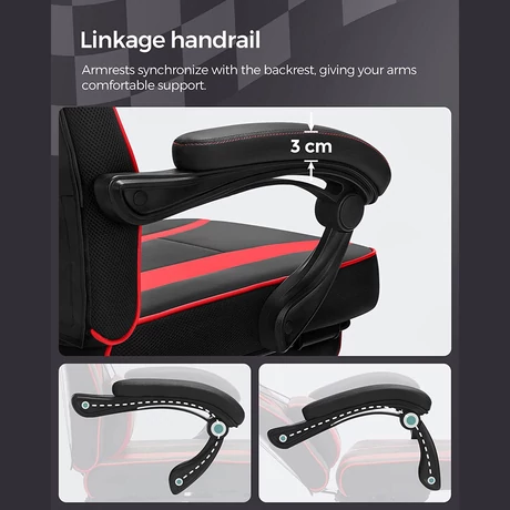 Ergonómikus szék, állítható irodai szék lábtartóval, fekete-piros