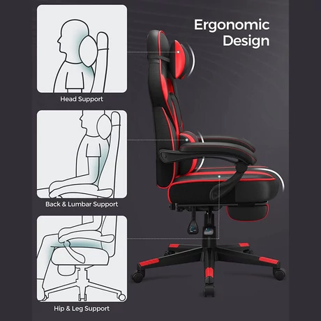 Ergonómikus szék, állítható irodai szék lábtartóval, fekete-piros