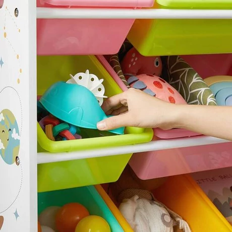 Játéktartó, játékrendező, tároló állvány 16 műanyag dobozzal
