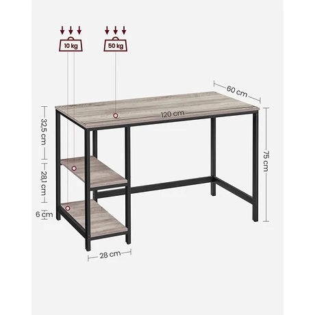 Íróasztal 120x60 cm, számítógépes asztal 2 polccal bal vagy jobb oldalon, greige